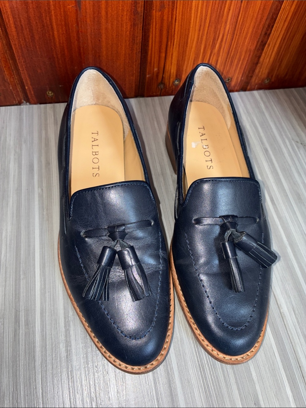 Talbots Navy Leather Tassel Loafers with Tan Welt